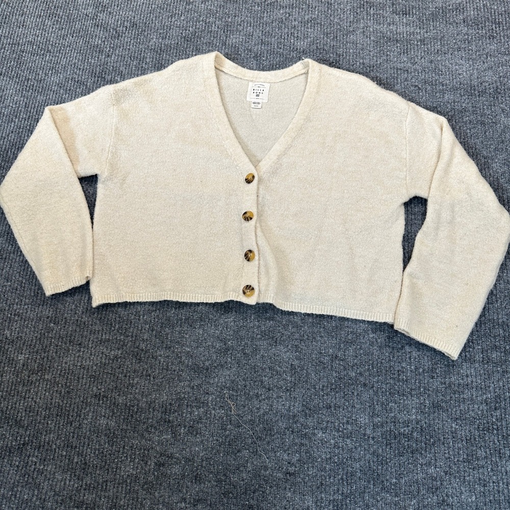 Billabong Cropped V-Neck Cardigan Size Medium Cream Soft Knit Button Up